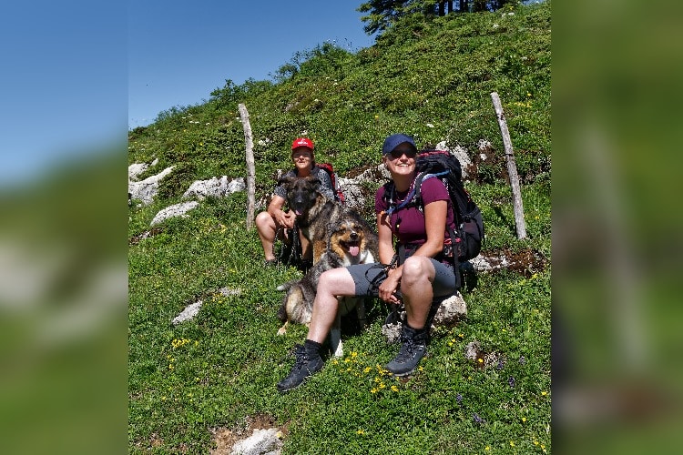 Zwei Wanderinnen und ihre Hunde machen eine Pause am Wegrand