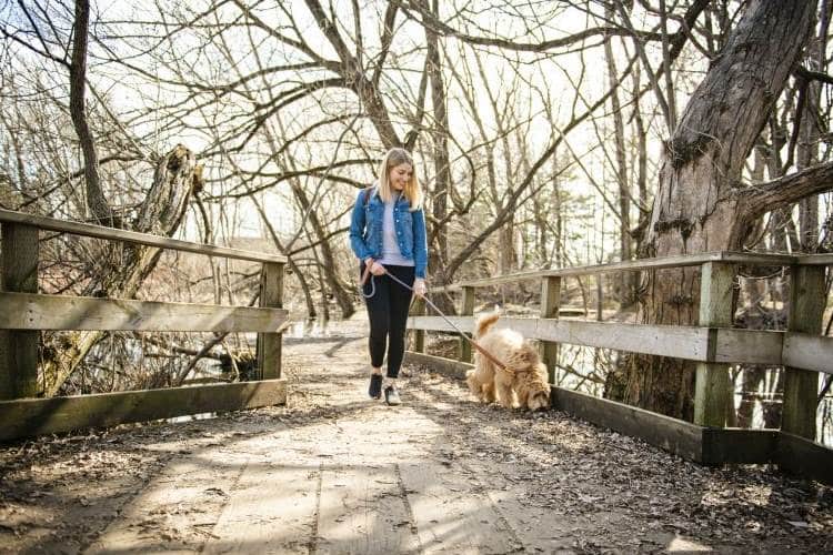 Frau geht mit Hund spazieren