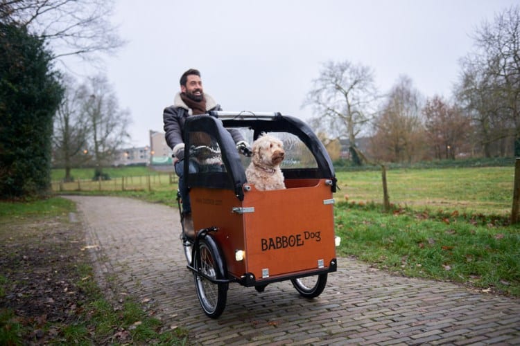 Mann und Hund mit Lastenfahrrad von Babboe