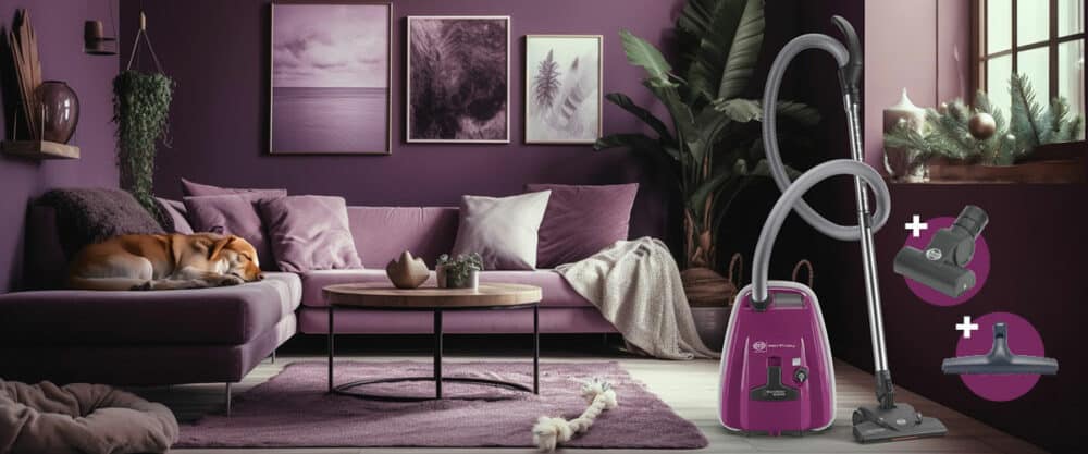 SEBO AIRBELT K1 PURPLE Staubsauger auf violetter Couch mit Aufsätzen