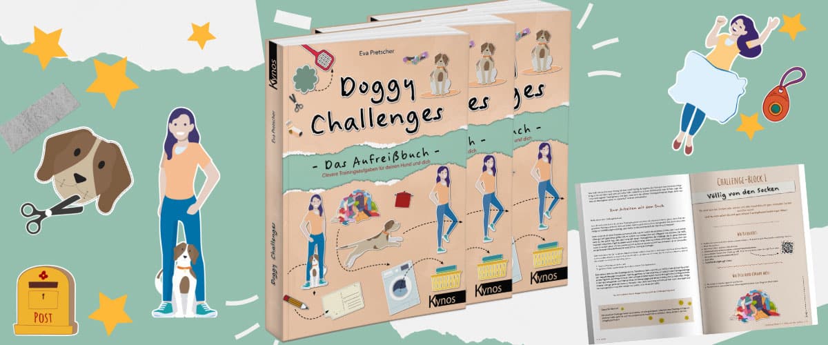 Das Bild zeigt eine verspielte Collage zur Präsentation des Buchs „Doggy Challenges – Das Aufreißbuch“ von Eva Pretscher. Im Zentrum sind mehrere Exemplare des Buches abgebildet, das einen Hund und eine Frau bei verschiedenen spielerischen Aktivitäten zeigt. Drumherum sind Illustrationen wie ein Hundekopf, eine Frau, Sterne, eine Schere, eine Briefkasten-Ikone, und kleine Objekte, die an Hundetrainings-Utensilien erinnern. Rechts ist eine Doppelseite des Buches geöffnet und zeigt eine Seite mit dem Titel „Challenge-Block 1 – Völlig von den Socken“. Der Hintergrund ist in einem weichen Grünton gehalten und mit dekorativen Elementen versehen.